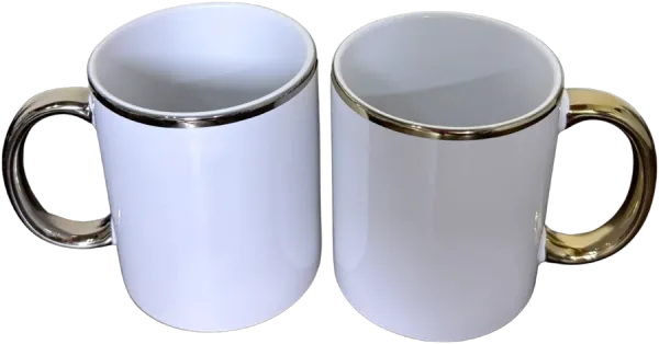 Canecas com alça e borda cromadas em dourado e prata